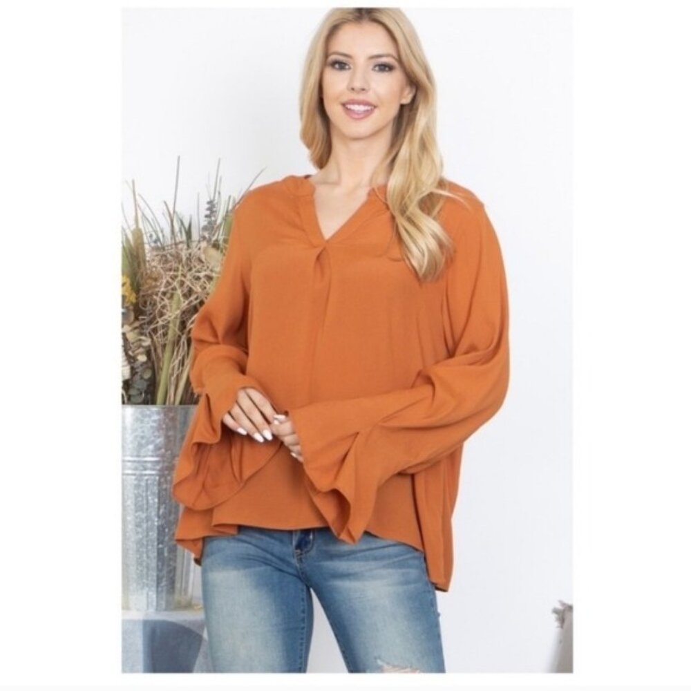 Rust Orange Long Sleeve V-Neck Blouse W/Flared Cuffs & Pleated Back-NEW